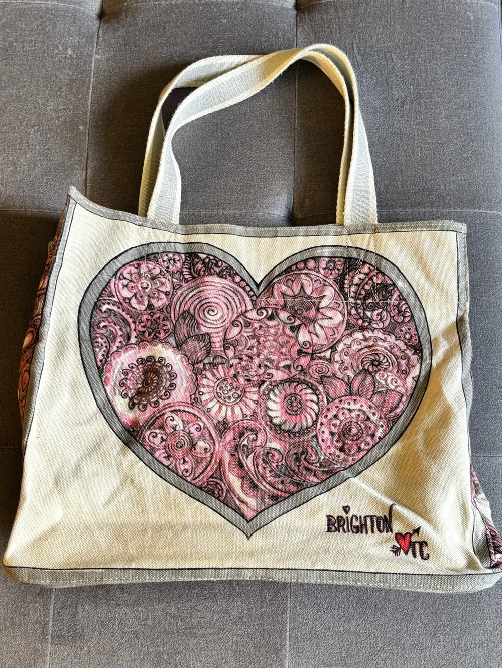 Brighton Cream Canvas Tote with Pink Heart Motif